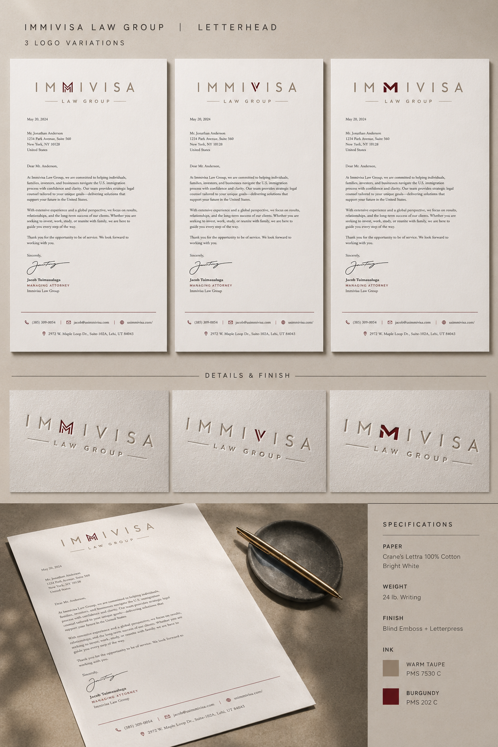 Sober legal stationery and letterhead suite with Wine accents