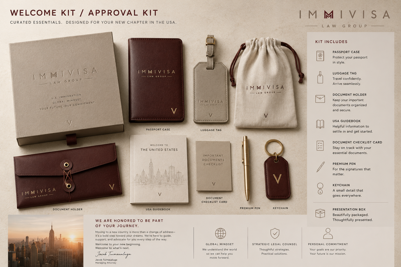 Premium welcome kit presentation box with debossed V monogram and soft-touch paper